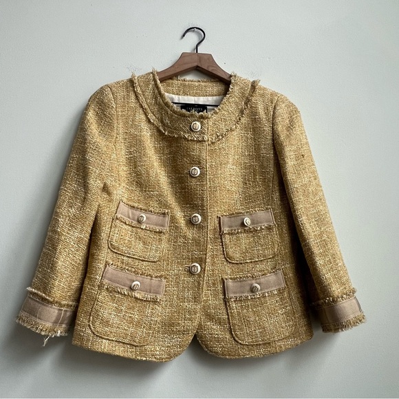 Talbots Grace Fit Collarless Gold Tweed Metallic Blazer Jacket Jackie O Fringe - Picture 3 of 15